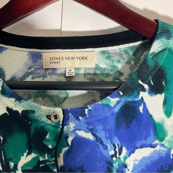 Jones New York Blue Green White 3/4 Sleeves Button Up Sweater Round Neck Size M - Picture 6 of 16